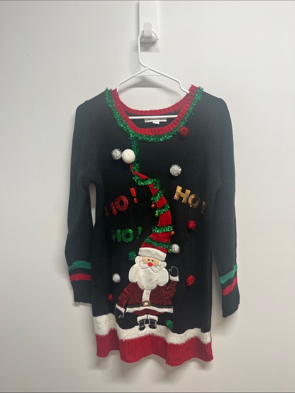 Festive Black Santa Knit Sweater Dress with Red & Green Trim